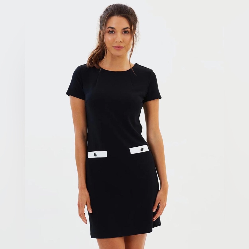 New York & Company Black Short-Sleve Shift Dress with White/Silver Accents - M